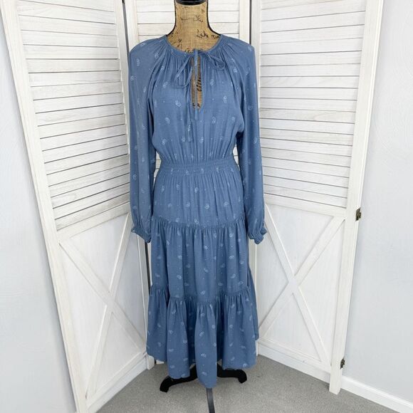 Urban Outfitters Reese Midi Dress Paisley Tiered Smocked Blue Small Long Sleeve - Picture 3 of 15